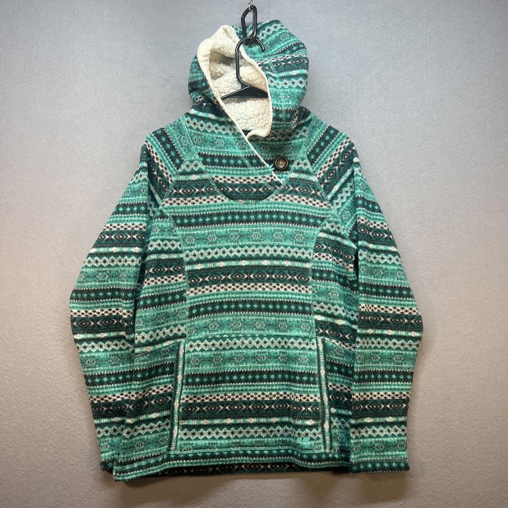 Köppen Sweater Womens Large Green Fair Isle Hooded Pullover Fleece Lined Warm